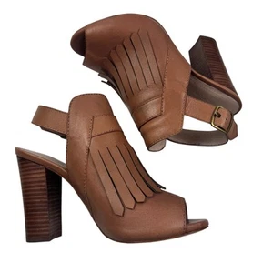 Pour La Victoire Elyse Boho Western Brown Leather Fringe Block Heels Women's 8.5 - Picture 1 of 11
