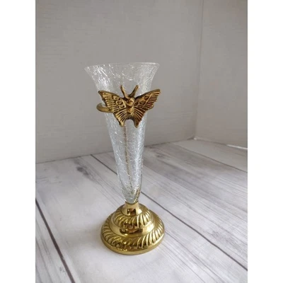 Jarrón vintage de latón con brote de vidrio agrietado mariposa pequeño acento decorativo Foto 1 de 4