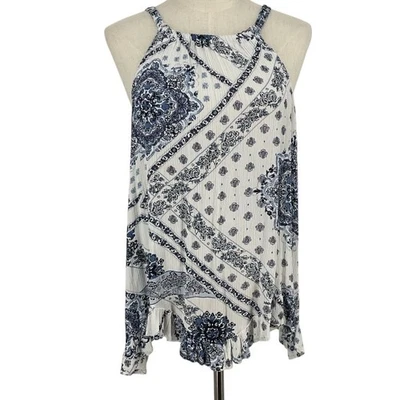 Top boho con volantes cuello halter arrugado estampado medallón azul blanco Maurices para mujer M Foto 1 de 4