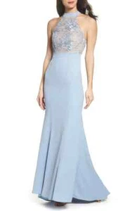 💙 JARLO Blue Nude Floral Guipure Lace Halter Stunning Trumpet Mermaid Gown 4 US - Picture 1 of 12