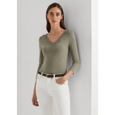 Top de algodón elástico con ribete de encaje Lauren Ralph Lauren para mujer, talla XL Foto 1 de 3