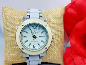 Signed Ann Klein Watch Silver Tone Tan Enamel Case White Metal Woven Band 7" - Picture 1 of 7