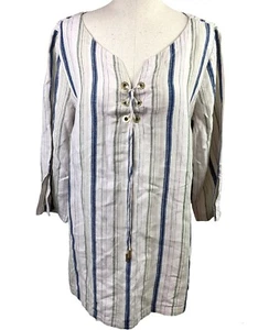 Women’s Tommy Bahama Linen Tunic Lace Striped Pullover Medium Top Blue Metallic - Picture 1 of 8