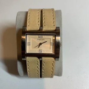 Kenneth Cole Reaction Watch Women Silver Rectangle Tan/Beige Dial Leather Band - Picture 1 of 7