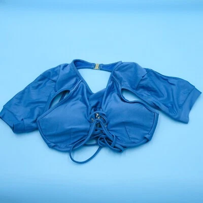 B Fyne Medio Azul Corbata con Tirantes Mangas Cortas Recorte Acolchado Bikini Top Traje de Baño Foto 1 de 4
