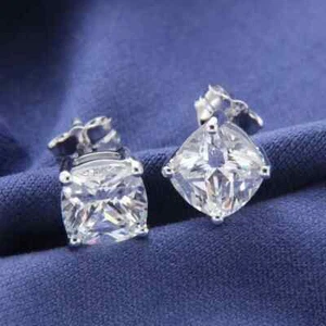 14K White Gold Plated Cushion Lab Created Diamond Solitaire Stud Earrings 3Ct - Picture 1 of 9