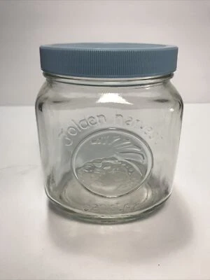 "Frasco de vidrio vintage Golden Harvest Cornucopia en relieve de 1 litro tapa azul 5,25"" x 4,25""" Foto 1 de 4