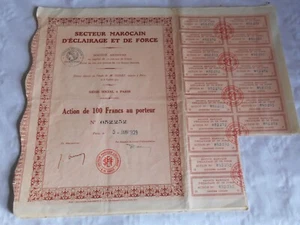 Vintage share certificate Stock Bond action Moroccan Lighting and Power 1929 - Picture 1 of 3