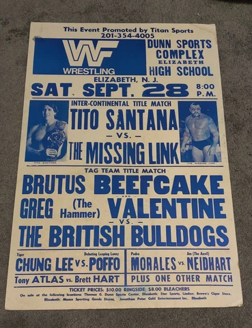 WWF 1985 Wrestling Poster BRETT HART TITO SANTANA MISSING LINK BRUTUS BEEFCAKE Cover