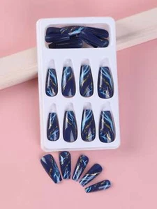 24pcs Long Coffin Blue Textured Glitter Marble Pattern Fake Nail Press On Nails - Picture 1 of 8