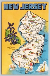 Mapa pictórico del estado de Nueva Jersey, flores, monumentos y atracciones, postal vintage - Imagen 1 de 2