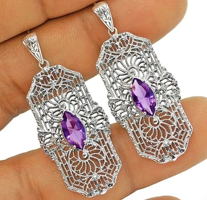 4CT Natural Amethyst 925 Sterling Silver Victorian Style Earrings NU1 - Picture 1 of 1