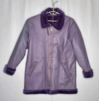 Andrew Klein Purple Leather Coat Women XS Faux Fur Buckle Collar Y2K Glam Baddie - Image 1 of 4