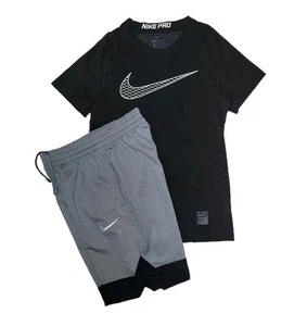 Nike Dri-fit Youth Medium (5-6) Black Athletic Shirt & Gray/Black Shorts Set - Picture 1 of 7
