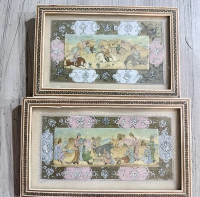 Antigua miniatura persa pianting 2 escenas diferentes sobre hueso en un marco Khatam Foto 1 de 4