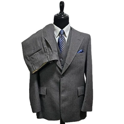 Vtg Patrick James 3 Pc Suit Mens 42L Pants 36x28 Vest Wool Flannel Striped Gray - Image 1 of 4