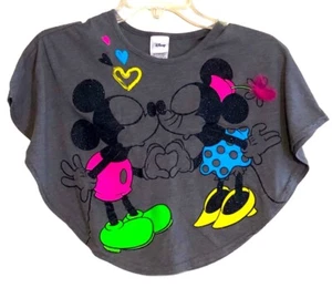 Disney Mickey & Minnie Top Gray Glitter & Neon Shirt Pullover Girls Size 4 - Picture 1 of 9