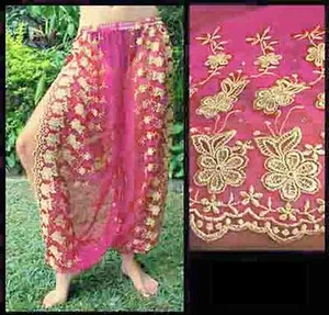 Pantalones harén danza del vientre rosa fucsia con abertura brocado dorado 7 - Imagen 1 de 1