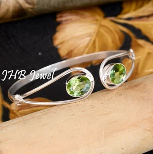 Faceted Peridot Gemstone 925 Sterling Silver Bangle Bracelet For Family Occasion - Picture 1 of 4