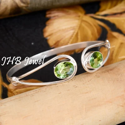 Faceted Peridot Gemstone 925 Sterling Silver Bangle Bracelet For Family Occasion - Image 1 of 4