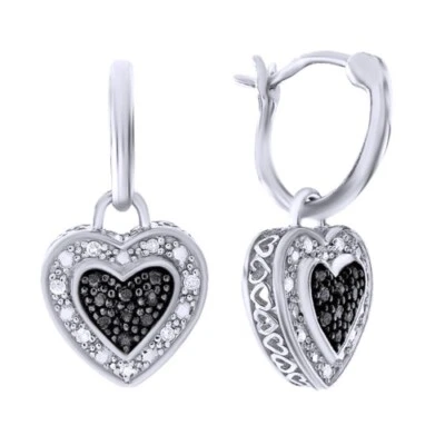 0.18 Cttw Real Diamond Heart Dangle Earrgs 14k White Gold Plated Sterlg Silver - Image 1 of 4