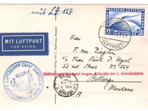 GERMANY Card 2m GRAF ZEPPELIN Air Mail 1929 *1 AMERIKAFAHRT* USA Montana KZ70 - Picture 1 of 18