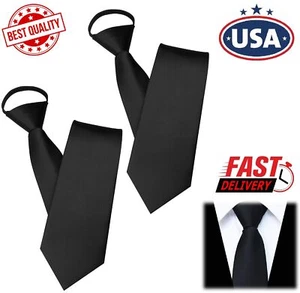 2× Men's Adjustable Black PreTied Necktie Men Office Zipper Neck Tie Clip On Tie - Picture 1 of 11