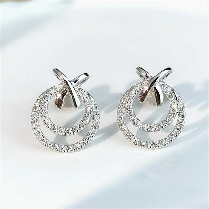 925 Silver 1.10CT Round Cut CZ Circles Dangle Unique Earrings 14K White Gold FN - Image 1 of 4