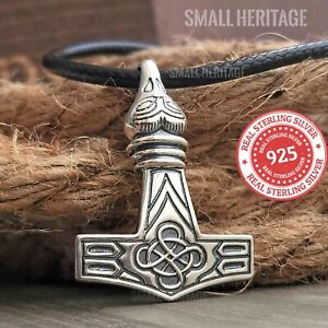 Viking Raven Mjolnir Necklace 925 Sterling Silver Norse Pendant with Celtic Knot