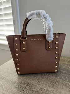 NWT Michael Kors Women's Sandrine Stud Small Leather Crossbody Bag Brown - Picture 1 of 11