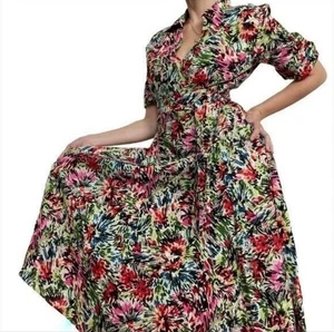 JG HOOK Dress size 14 100% Linen Faux Wrap Belted Multicolor Floral Midi Boho - Picture 1 of 12