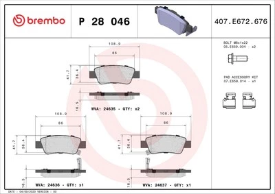BREMBO P 28 046 BRAKE PAD SET, DISC BRAKE REAR AXLE FOR HONDA - Image 1 of 4