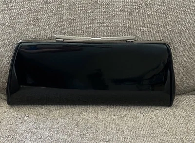 Vintage 60s Black Patent Long Clutch Handbag Pocketbook Silver Tone Bar Close - Image 1 of 4