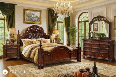 SALE 4PC Poster Bedroom King Queen Cherry Brown Old-World Traditional Bed/D/M/N - Image 1 of 4