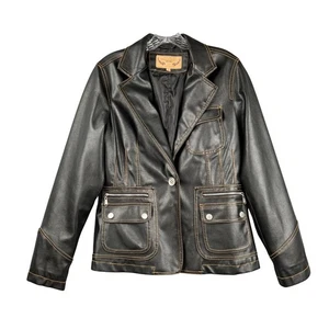 MARCELLE RENEE Vintage Faux Leather Blazer Jacket Womens M Black Contrast Stitch - Picture 1 of 5
