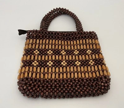 Bolso de mano vintage de madera con cuentas color marrón natural diseño floral con cuentas Foto 1 de 4