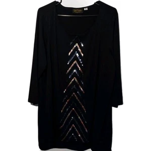 Camisa negra arte portátil Bob Mackie con lentejuelas doradas azules plateadas manga 2X 3/4 - Imagen 1 de 7