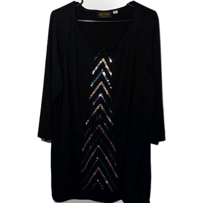 Camisa negra arte portátil Bob Mackie con lentejuelas doradas azules plateadas manga 2X 3/4 Foto 1 de 4