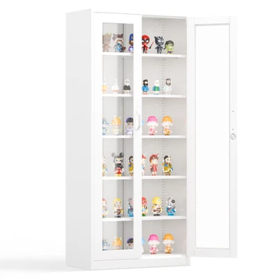 71" Tall Lockable Display Cabinet Curio Cabinet Bookshelf with Glass Doors White - Image 1 of 4