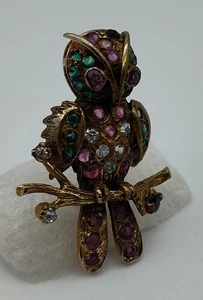 Vintage Owl Gem Encrusted Vermeil Sterling Clear Red Green Pin Brooch - Picture 1 of 9