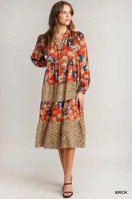 Umgee Multi Floral & Animal Print Midi Tiered Dress w/Split V-Neck Long Sleeves - Image 1 of 4