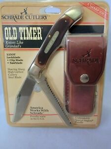 Vintage Schrade OLD TIMER #2250T Pocket Knife - W/Saw Blade With Leather Case 