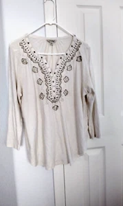 Lucky Brand Top Tunika Baumwolle bestickt/Perlenschlitz V-Ausschnitt weiß-off XL Indien - Bild 1 von 4