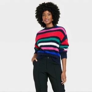 Women's Striped Crewneck Fuzzy Pullover Sweater - Picture 1 of 3