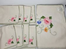 Vtg Ivory Floral Tablecloth Hand Embroidered ~ 8 Napkin Set Oblong NEW