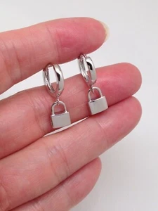 925 Sterling Silver Lock Dangle Huggie Hoop Earrings Men Women 22mm/0.87" Plain - Picture 1 of 10