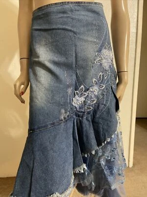 Blue Denim Casual Hippie Boho Beaded Lace Embroidery Ruffle Zip Size S Skirt 901 - Image 1 of 4