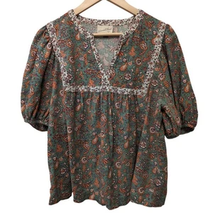 Blusa Universal Hilo Estampado Floral Manga Abullonada Campesina Casa Mezcla de Lino - Imagen 1 de 5