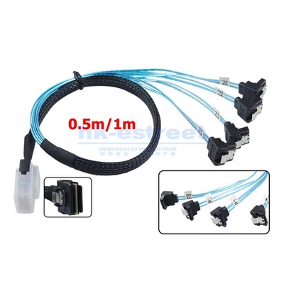 Mini SAS SFF-8087 to 4 SATA 90 degree Right Angle 12Gbps Hard Drive Data Cable - Image 1 of 4