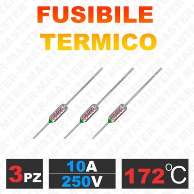 FUSIBILE TERMICO ASSIALE 172 °C 250V 10A TERMOFUSIBILE RY-172 - 3 PEZZI - Immagine 1 di 2
